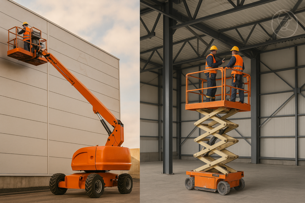 Podnośnik koszowy przy elewacji i podnośnik nożycowy w hali – porównanie sprzętu